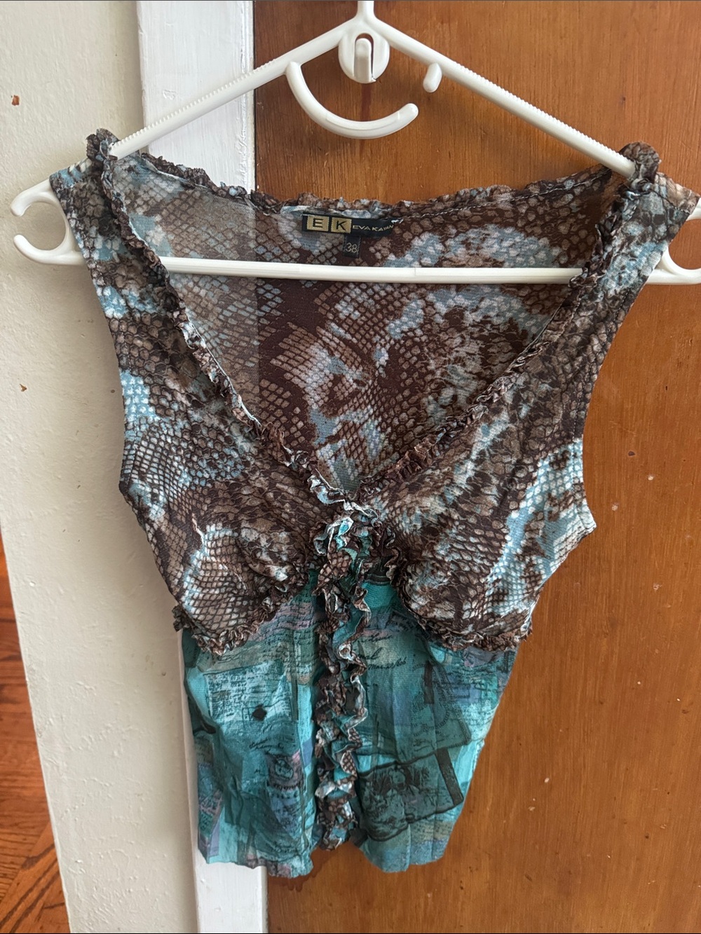Brown & Teal Snake-Print Ruffle-Trim Camisole